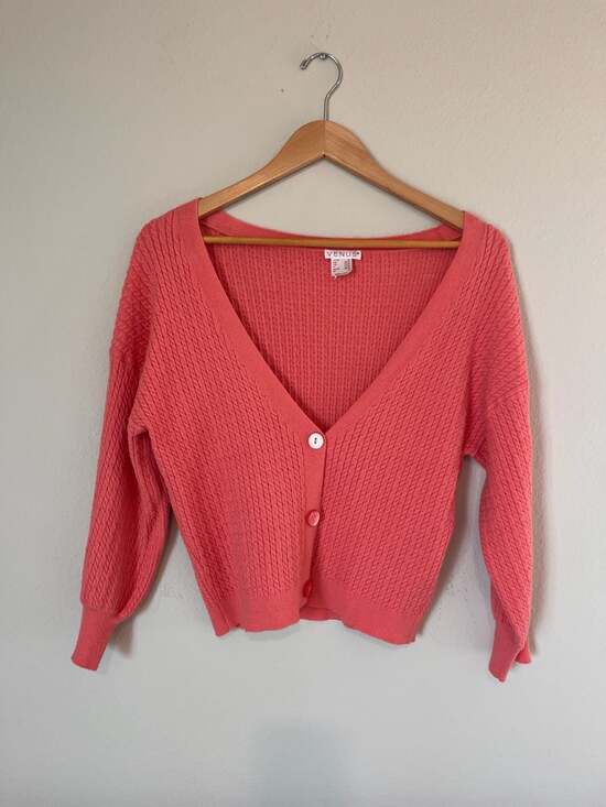 Venus Sweaters - Venus, Salmon Pink, Lush Textured Button Front Cropped Cardigan, Medium